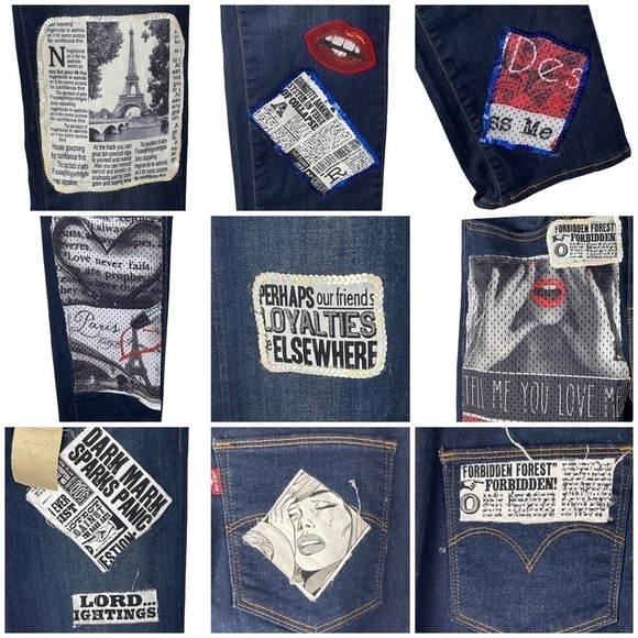 LEVI'S SLIMMING STRAIGHT HIGH RISE CUSTOMIZED HARRY POTTER PATCH DARK DENIM JEAN - Picture 10 of 15